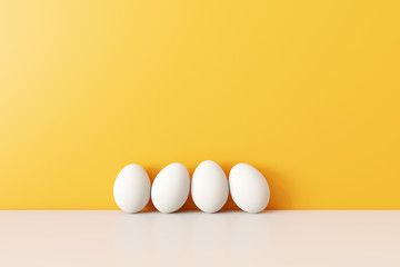 Eggs on white table with yellow wall. 3d rendering