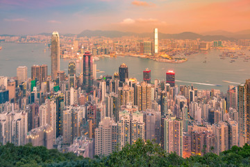 Hong Kong Victoria bay aerial view, cityscape downtown background