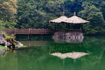Sister lake reflection pavilion in Alishan natural tropical landscape background Taiwan