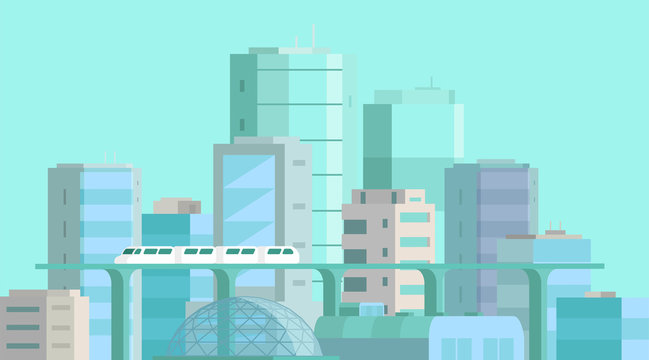 City landscape. Modern architecture, buildings, skyscrapers. Train crossing the light rail subway railway. Flat vector illustration.