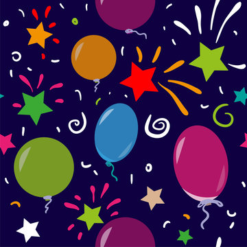 Vector simless pattern with colorful balloons,confetti,fireworks,stars. Design for wallpaper,cover,textile,fabric,web, birthdat postcard