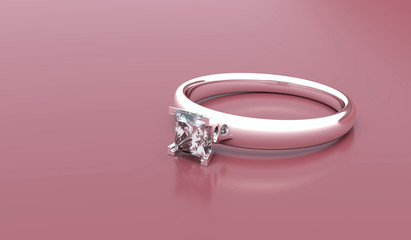 Princess cut shape Diamond ring isolated on pink background, 3d rendering.
