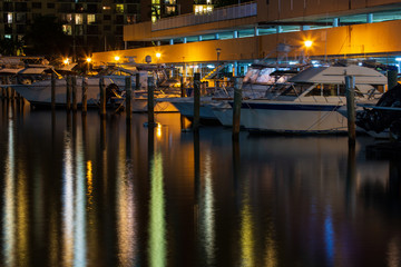 Fototapeta na wymiar Modern Boats at Night, Miami, FL