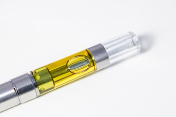 THC/CBD Oil Vape Pen Up Close Isolated On White Background