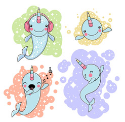 SET of cute baby narwhal or whale unicorn © mlanaa