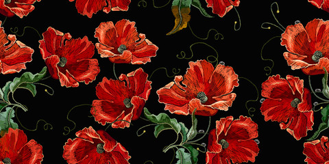 Panele Szklane  Beautiful red poppies flowers, embroidery seamless pattern. Renaissance spring style. Fashion art nouveau template for clothes, t-shirt design