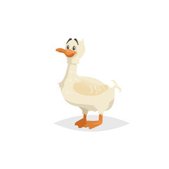 Cute white duck stay. Funny cartoon duckling character. Farm animal illustration for child education. Vector picture isolated on white background.