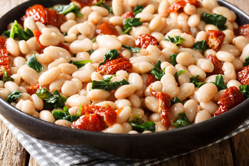 Delicious white bean salad with spinach, garlic and dried tomatoes closeup on a plate. horizontal