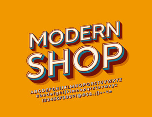 Vector stylish Sign Modern Shop with retro Alphabet. Vintage 3D Font. Set of bright Letters, Numbers and Symbols. 