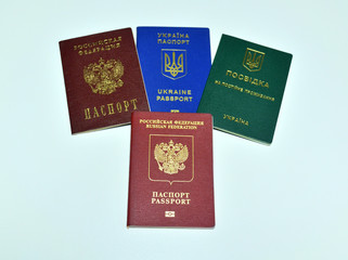 Russian passport, Russian international passport, Ukrainian passport and residence permit of Ukraine. on white background. Isolated