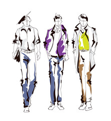 Stylish handsome man in fashion clothes. Fashion man. Hand drawn male models set. Sketches. Handsome stylish man showcasing street fashion
