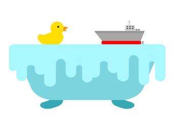 浴槽に浮かぶアヒルと船のおもちゃ