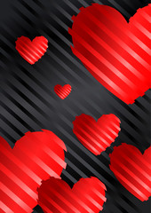 Romantic background with red hearts on a black background with silk stripes, wallpaper. vector illustration eps 10