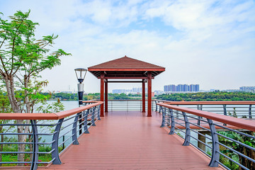 Observation deck wood plank road in Shenzhen Lixin Lake Park