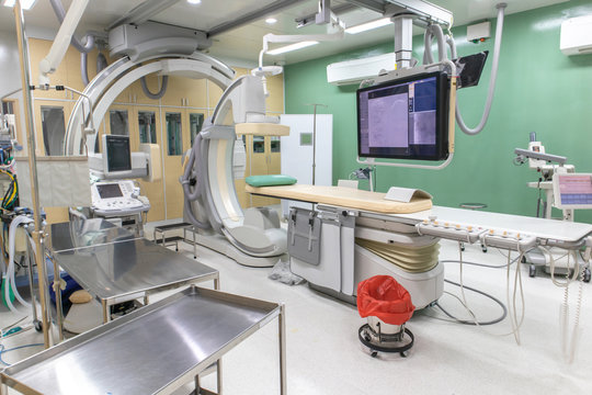 Digital Subtraction Angiography Room, DSA lab, operating room with X-ray medical scan in hospital.