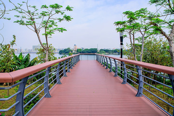 Observation deck wood plank road in Shenzhen Lixin Lake Park