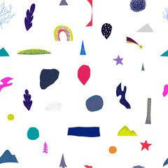 Universe Space Planet Star seamless pattern moon rainbow travel cosmos astronomy inspiration graphic design typography element. Hand written postcard. Cute simple vector paper cutout collage style