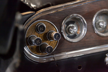 Instruments and a panel with control buttons for an automatic gearbox of an old Russian retro car of a representative class, issued in the USSR
