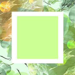 Watercolor card, greeting card for your design, green color, birch branch, tree, foliage. Abstract green spot, splash of paint. Art illustration. background with vintage floral pattern.Place for text