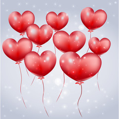 Red balloons hearts in the air with sparkles, bokeh and lights. Valentines day background. Vector illustration.