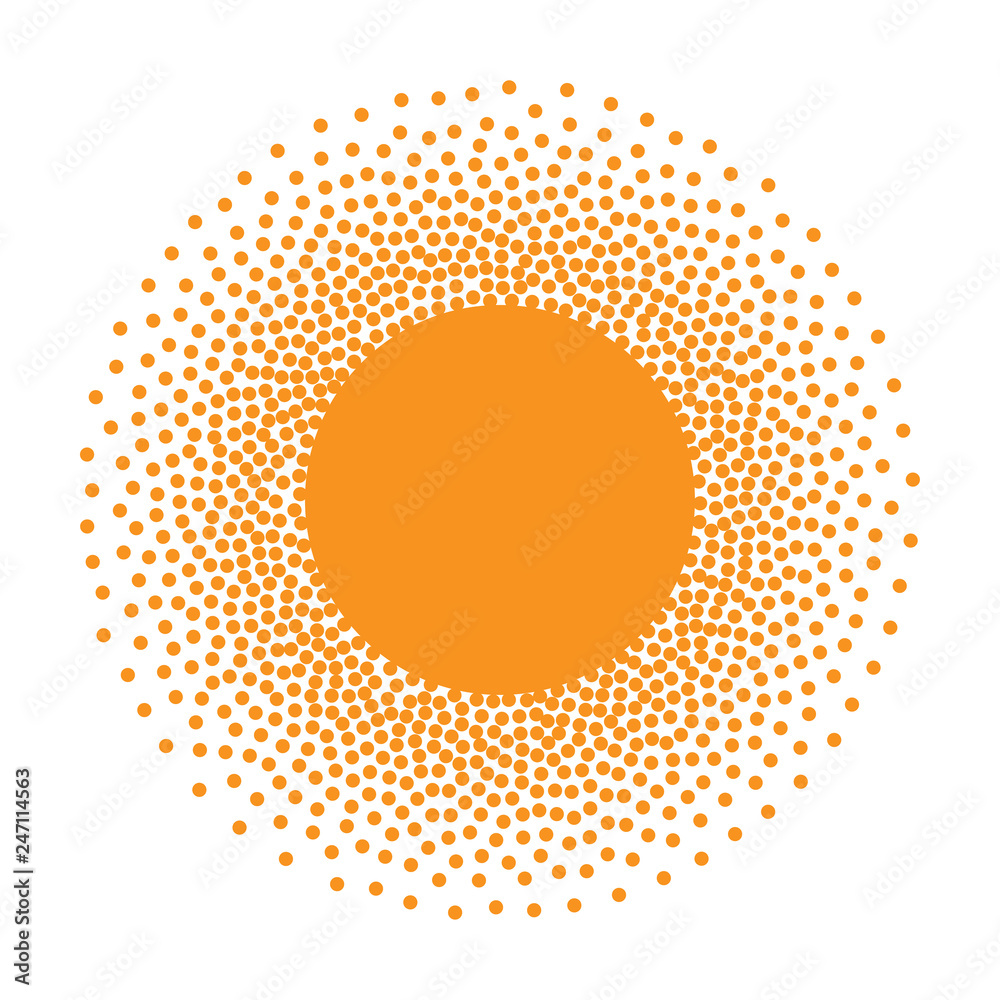 Sticker sun icon. halftone orange circle with gradient texture circles logo design element. vector illustrat