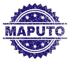 MAPUTO stamp seal watermark with distress style. Blue vector rubber print of MAPUTO tag with scratched texture.