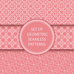 Compilation of geometric seamless patterns. Pink and white mixed shapes backgrounds