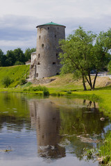 View of the Rattling tower on a cloudy summer day. Pskov, Russia