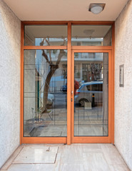 Greece Athens downtown, 70's elegant condominium entrance wooden door