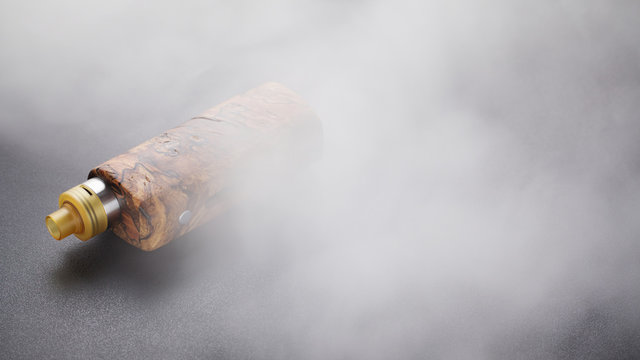 high end rebuildable dripping atomizer with stabilized natural wood regulated box mods in vapor texture background, vaping device, selective focus