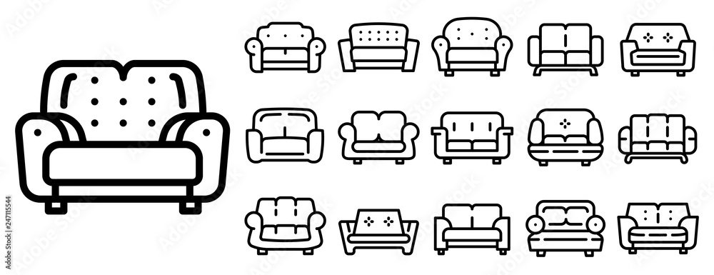 Poster sofa icons set. outline set of sofa vector icons for web design isolated on white background