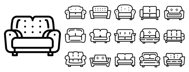 Sofa icons set. Outline set of sofa vector icons for web design isolated on white background