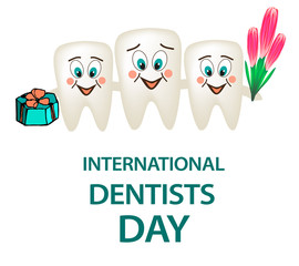World Dental Day. International Dentist Day. A big tooth with a smile hugs two of his friends. With a bouquet and a gift. Cartoon style. Vector illustration on isolated background.