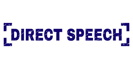 DIRECT SPEECH title seal print with grunge texture. Text title is placed between corners. Blue vector rubber print of DIRECT SPEECH with dirty texture.