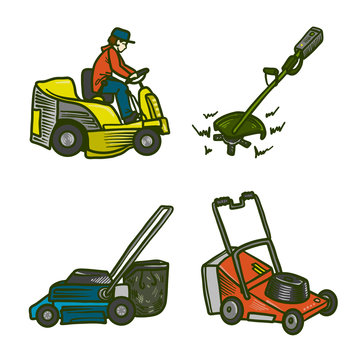 Lawnmower Icons Set. Hand Drawn Set Of Lawnmower Vector Icons For Web Design