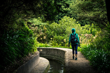 Fototapeta na wymiar Portrait of young girl in green sweatshirt walking by levana on Madeira island, up in mountains. Hiking by the trail among green, tropical and old forests. Portugal.