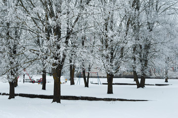 Frosty trees in small city park with empty playground in cold snowy winter day.