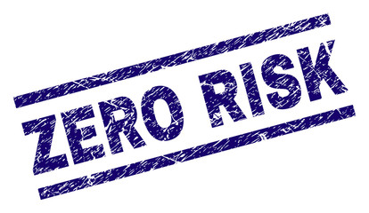 ZERO RISK seal imprint with grunge style. Blue vector rubber print of ZERO RISK label with grunge texture. Text label is placed between parallel lines.