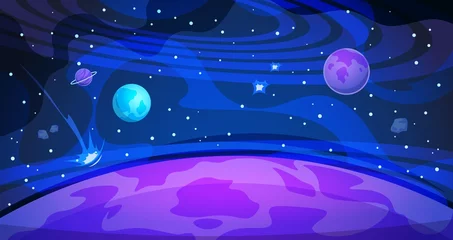 Fototapete Dunkelblau Planet space background. Sky galaxy universe flat abstract night landscape science modern poster. Vector cosmos banner  © SpicyTruffel