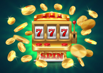 Casino slot machine. 777 jackpot, winning game lottery background, flying golden coins. Vector golden slot machine
