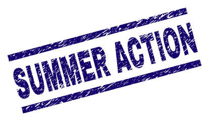 SUMMER ACTION seal print with grunge style. Blue vector rubber print of SUMMER ACTION text with dirty texture. Text title is placed between parallel lines.