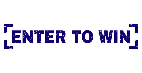 ENTER TO WIN title seal print with grunge texture. Text title is placed between corners. Blue vector rubber print of ENTER TO WIN with grunge texture.