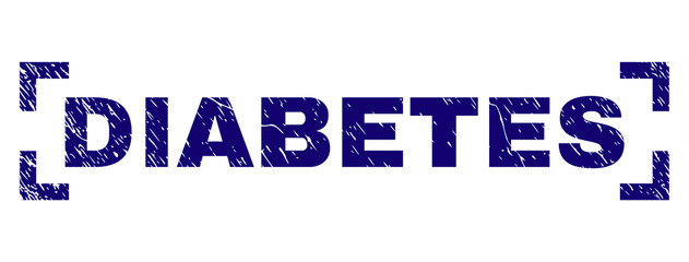 DIABETES text seal print with grunge texture. Text caption is placed inside corners. Blue vector rubber print of DIABETES with dirty texture.