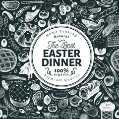 Easter dinner banner template. Vector hand drawn illustrations on chalk board. Happy Easter dinner retro design. Background with food, meat, vegetables, pastry, bakery.