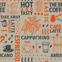 Typographic vector coffee seamless pattern on craft background. Types of coffee and hand drawn illustrations for cafe and packaging. Retro style.