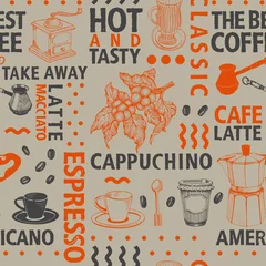 Zelfklevend Fotobehang Koffie Typografische vector koffie naadloze patroon op ambachtelijke achtergrond. Soorten koffie en handgetekende illustraties voor café en verpakking. Retro stijl.