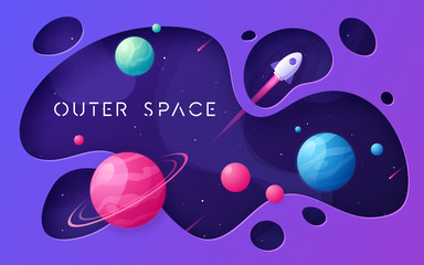 Colorful cartoon outer space background, design, banner, artwork. 