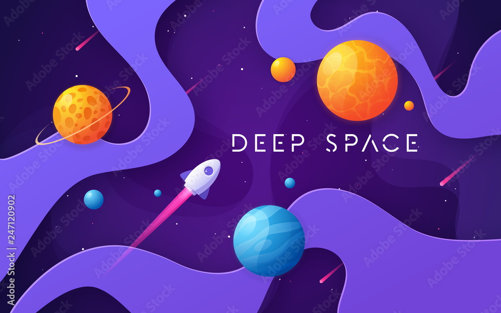 Wall mural colorful cartoon outer space background, design, banner, artwork.