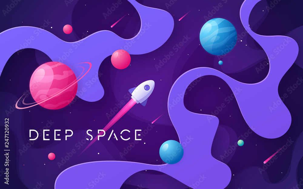 Wall mural colorful cartoon outer space background, design, banner, artwork.