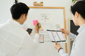 Two colleagues website development sketching UX UI wireframe layout design for application on...